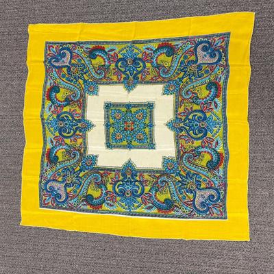 Vintage Scarf - yellow, blue, turquoise, red 30" square no label silk or silk mix