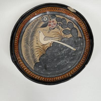 Vintage Mexican Hand-painted Folk Art Pottery footed dish likely from Tonal Jalisco