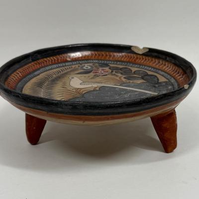Vintage Mexican Hand-painted Folk Art Pottery footed dish likely from Tonal Jalisco