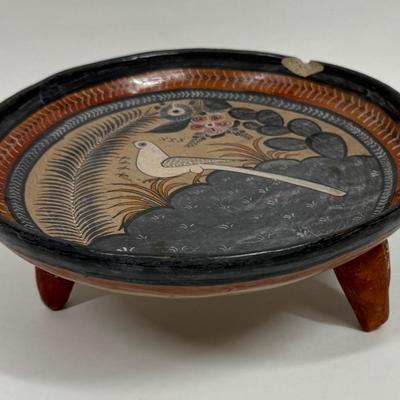 Vintage Mexican Hand-painted Folk Art Pottery footed dish likely from Tonal Jalisco