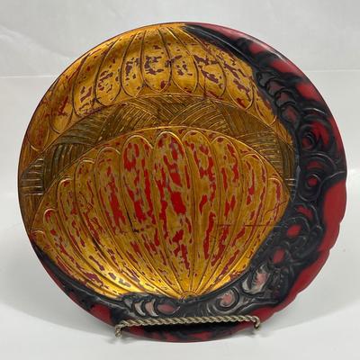 Wood Plate or Shallow Bowl for display Abstract Gold Black & Red