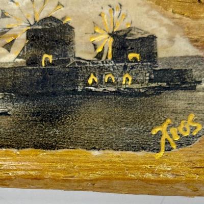 Hand painted wood wall hanging with windmills