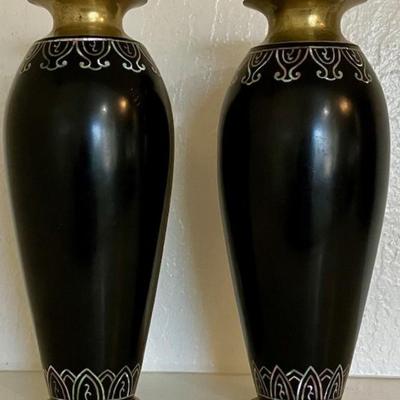 Two Vintage Korean Brass Shell Casing Vases With Mother Of Pearl Inlay