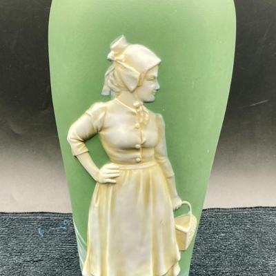 Vintage Wedgewood Style Green Ceramic Vase with Raised Cameo