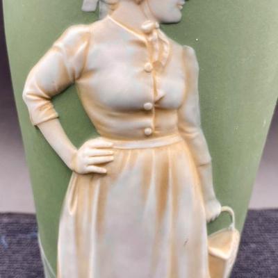Vintage Wedgewood Style Green Ceramic Vase with Raised Cameo