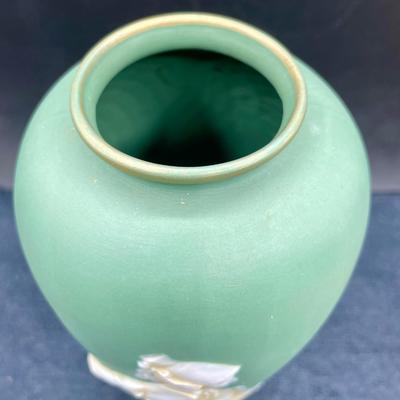 Vintage Wedgewood Style Green Ceramic Vase with Raised Cameo