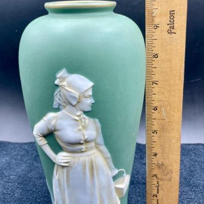 Vintage Wedgewood Style Green Ceramic Vase with Raised Cameo