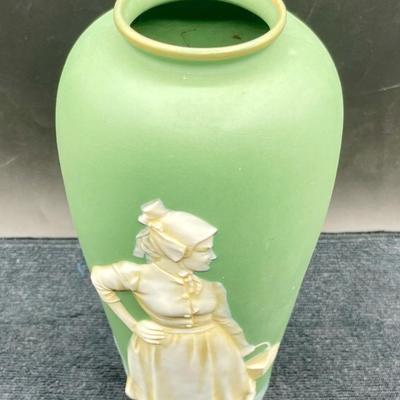 Vintage Wedgewood Style Green Ceramic Vase with Raised Cameo