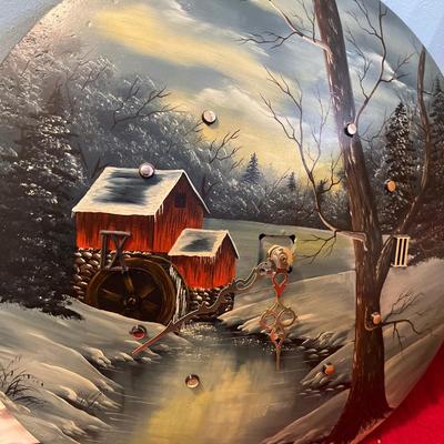 Hand-painted clock, cardboard prints, misc wall art