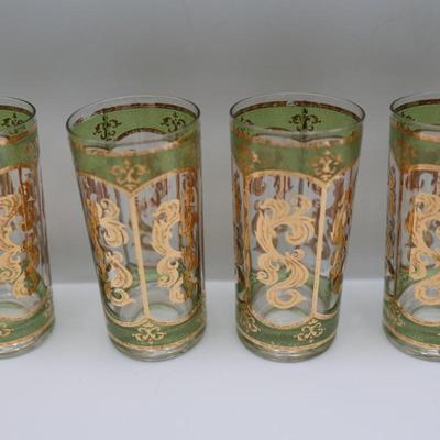 MCM Culver Gold and Green High Ball Glasses - Set of 8