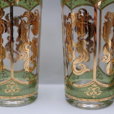 MCM Culver Gold and Green High Ball Glasses - Set of 8