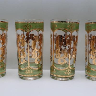 MCM Culver Gold and Green High Ball Glasses - Set of 8