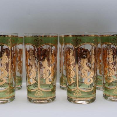 MCM Culver Gold and Green High Ball Glasses - Set of 8