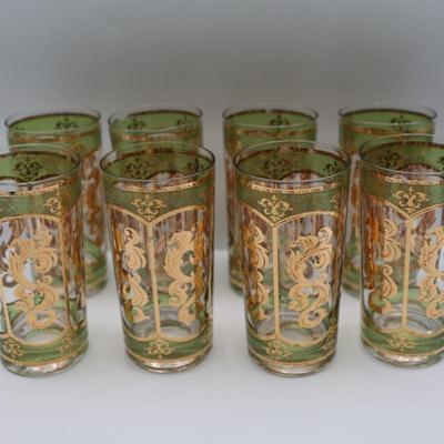 MCM Culver Gold and Green High Ball Glasses - Set of 8