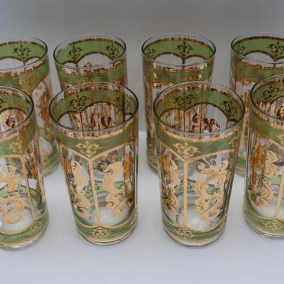 MCM Culver Gold and Green High Ball Glasses - Set of 8
