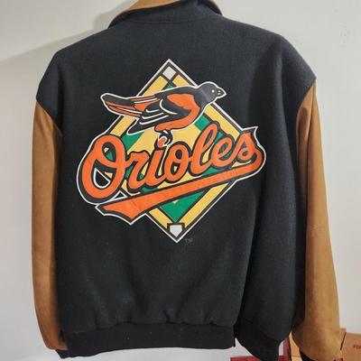 Vintage J.H. Design Baltimore Orioles Bomber Jacket 100% Cotton w Leather Logo Made in USA Size XL