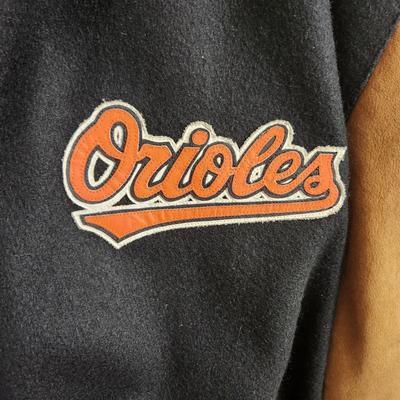 Vintage J.H. Design Baltimore Orioles Bomber Jacket 100% Cotton w Leather Logo Made in USA Size XL
