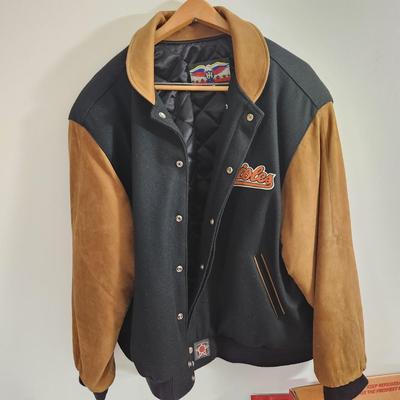 Vintage J.H. Design Baltimore Orioles Bomber Jacket 100% Cotton w Leather Logo Made in USA Size XL