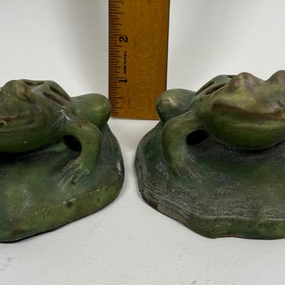 Antique Green Pottery Figural Frog Pair - Flower Frogs with 7 holes for floral arrangements
