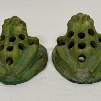 Antique Green Pottery Figural Frog Pair - Flower Frogs with 7 holes for floral arrangements