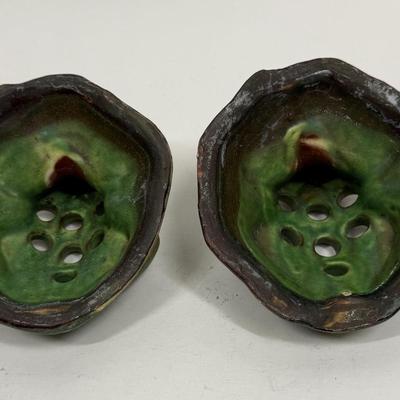 Antique Green Pottery Figural Frog Pair - Flower Frogs with 7 holes for floral arrangements