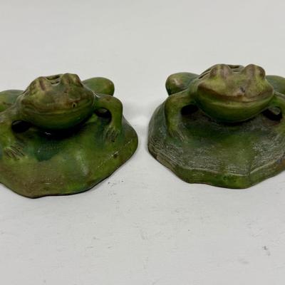 Antique Green Pottery Figural Frog Pair - Flower Frogs with 7 holes for floral arrangements
