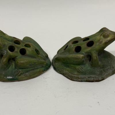 Antique Green Pottery Figural Frog Pair - Flower Frogs with 7 holes for floral arrangements