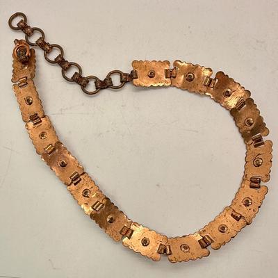 Vintage Belt - 1960s Victorian Revival Panel Belt, Copper-Tone Pressed Metal with Turquoise Blue and Gold Flake Cabochons