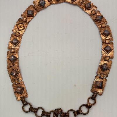 Vintage Belt - 1960s Victorian Revival Panel Belt, Copper-Tone Pressed Metal with Turquoise Blue and Gold Flake Cabochons
