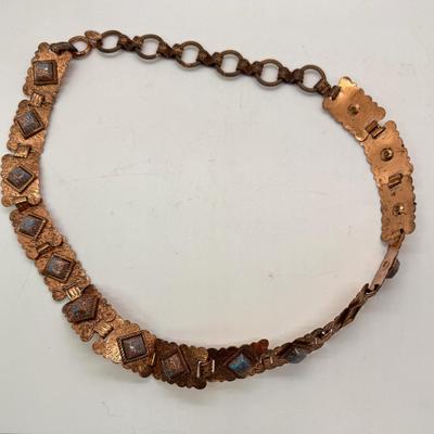 Vintage Belt - 1960s Victorian Revival Panel Belt, Copper-Tone Pressed Metal with Turquoise Blue and Gold Flake Cabochons