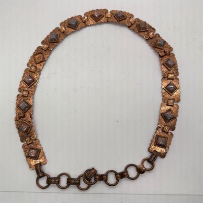 Vintage Belt - 1960s Victorian Revival Panel Belt, Copper-Tone Pressed Metal with Turquoise Blue and Gold Flake Cabochons
