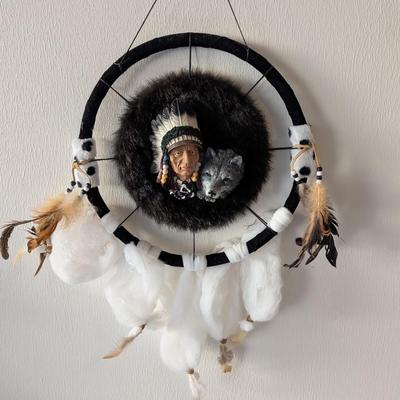 Dream Catcher Native American Wolf Wall Hanging Decor 14 1/4"