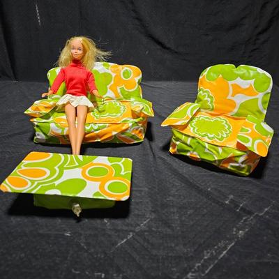 Vintage Barbie Blow Up Inflatable Puff and Play Living Room Furniture with barbie doll