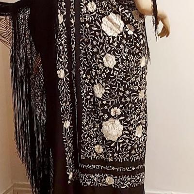 Antique Silk one Shoulder Manila hand embroidered Shawl dress w/Fringes