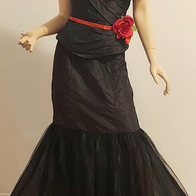 Vtg Rose Taft Couture Ball Gown Silk Red Sash