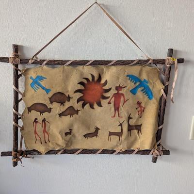 Vintage Southwest Wall Hanging Decor Leather Painted Native American Tribal Figures