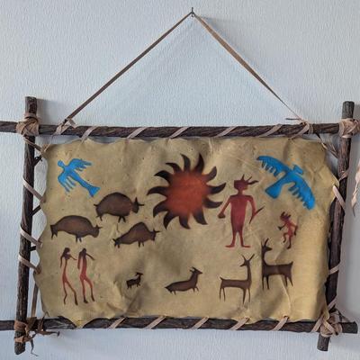 Vintage Southwest Wall Hanging Decor Leather Painted Native American Tribal Figures
