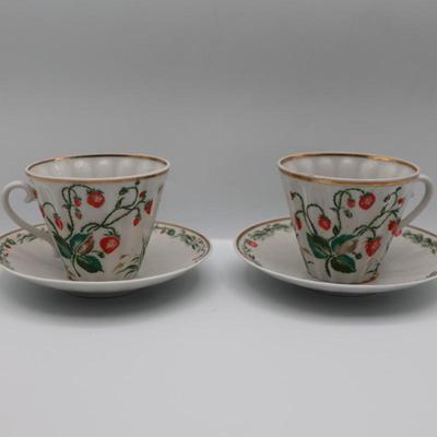 LOMONOSOV Porcelain Strawberry Pattern Teacups And Saucers
