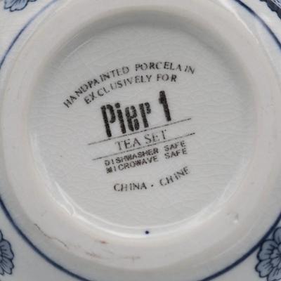 Pier 1 Imports Porcelain Hand Painted White Blue Tea Pot & Four Cups Set