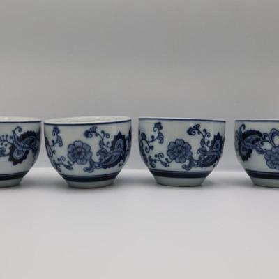 Pier 1 Imports Porcelain Hand Painted White Blue Tea Pot & Four Cups Set