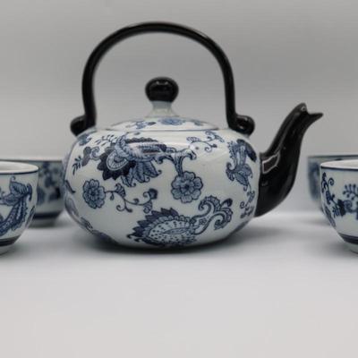 Pier 1 Imports Porcelain Hand Painted White Blue Tea Pot & Four Cups Set
