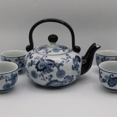 Pier 1 Imports Porcelain Hand Painted White Blue Tea Pot & Four Cups Set