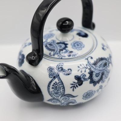 Pier 1 Imports Porcelain Hand Painted White Blue Tea Pot & Four Cups Set