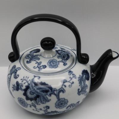 Pier 1 Imports Porcelain Hand Painted White Blue Tea Pot & Four Cups Set