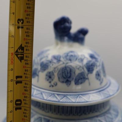 Large Blue & White Jar With Lion Handle