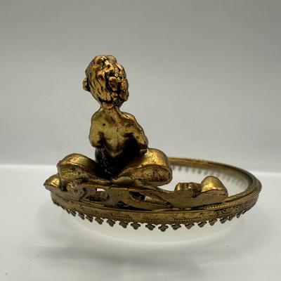 Vintage Brass and Glass Cherub Dish