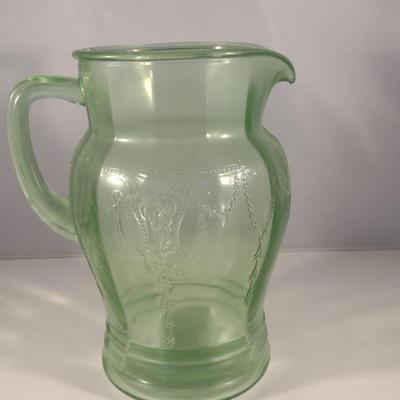 Vintage Embossed Uranium Glass Pitcher- Approx 8 1/4" Tall