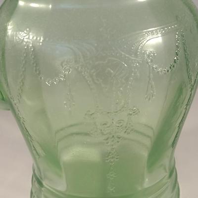 Vintage Embossed Uranium Glass Pitcher- Approx 8 1/4" Tall
