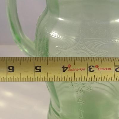 Vintage Embossed Uranium Glass Pitcher- Approx 8 1/4" Tall