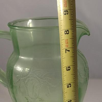 Vintage Embossed Uranium Glass Pitcher- Approx 8 1/4" Tall